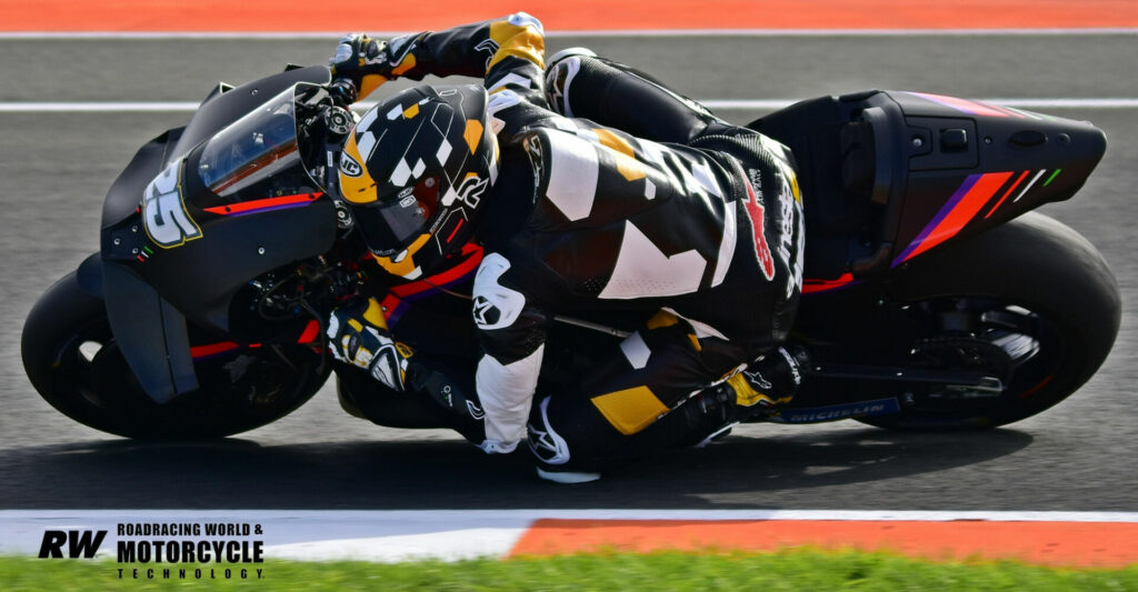 Raul Fernandez (25) turned nearly 80 laps in his first outing on the RNF MotoGP Team Aprilia. Photo by Michael Gougis.