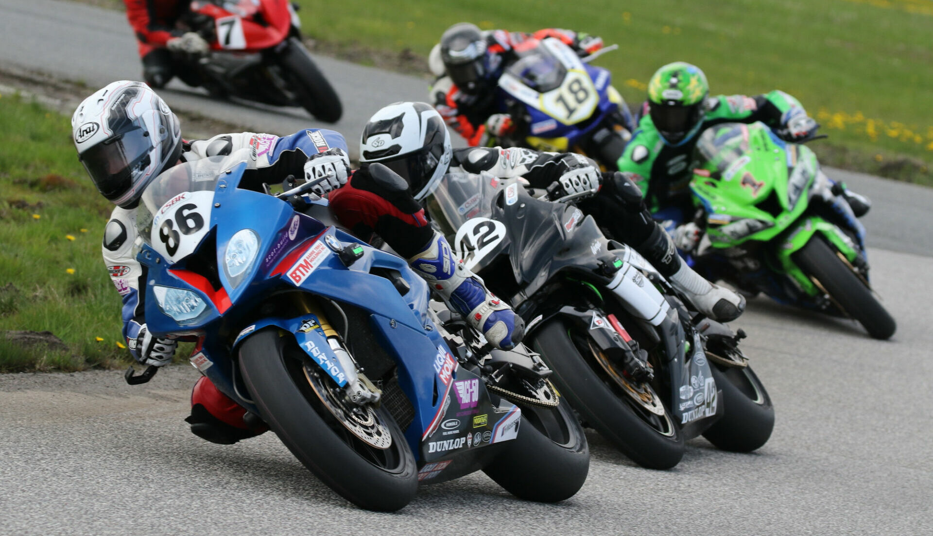 Action from the 2019 CSBK season-opener at Shannonville Motorsport Park, where eventual winner Ben Young (86) led Kenny Riedmann (42), Jordan Szoke (1), Tomas Casas (18), and Jeff Williams (7). Photo by Rob O'Brien, courtesy CSBK/PMP.
