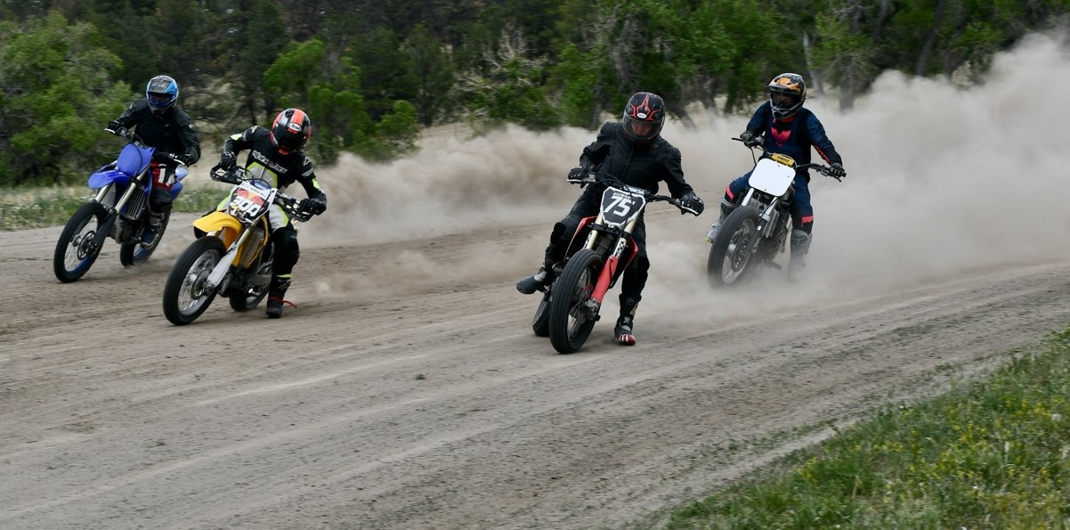 Some of Nick Ienatsch's riding buddies, ages 59 to 69, in action on Ryan Stewart's half-mile track in Colorado. Photo by Kathy Weber.