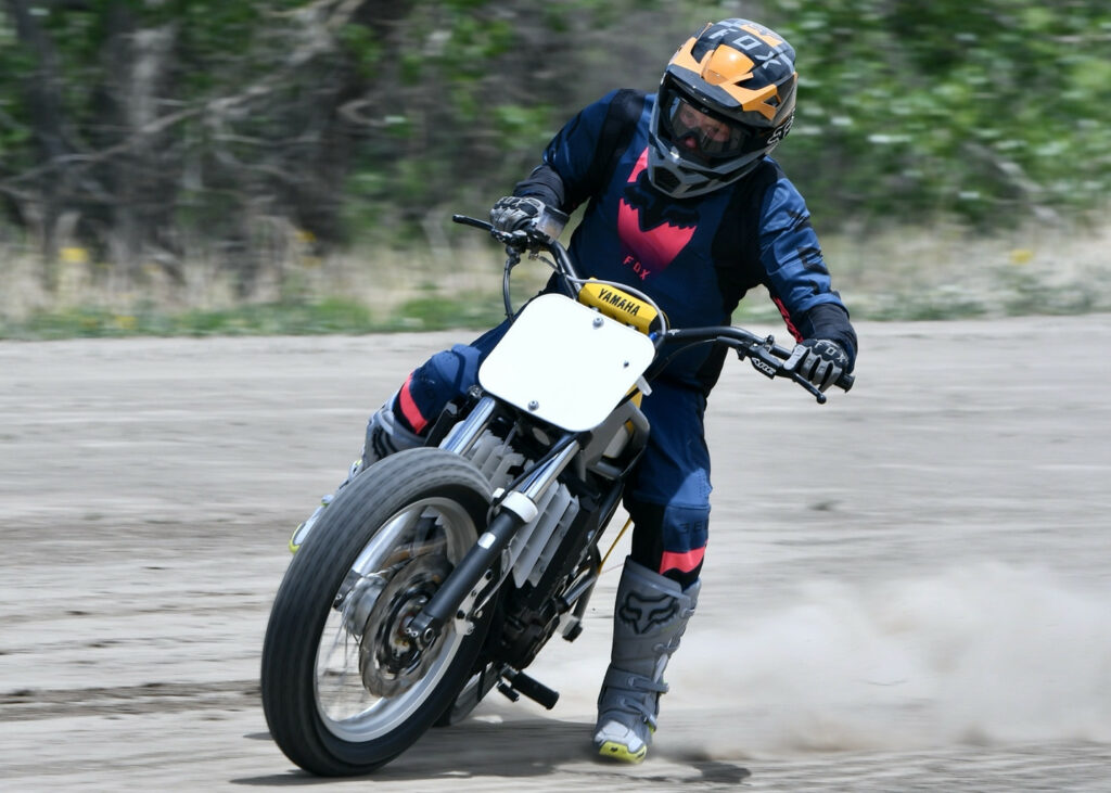 Tom Williams, age 65, getting up to speed on his newly-minted C&J framer powered by a Bruce Sass Yamaha MT-07. Photo by Kathy Weber.