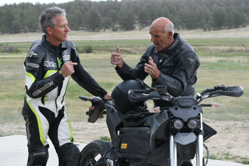 Bruce Sass (right) took Ienatsch's completely stock Zero FXS out on the half-mile, as did all the other racers present, and was surprisingly pleased with it. He describes his first laps on an electric bike and we recorded a conversation about this bike, to be shared with Roadracing World readers soon. Photo by Kathy Weber.