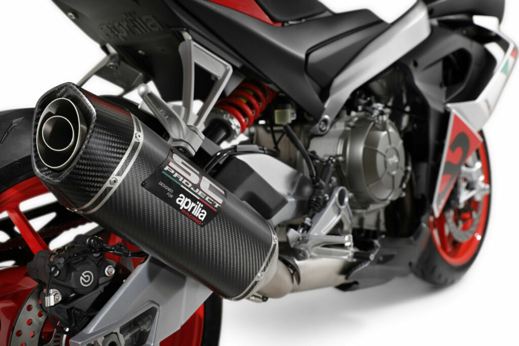 The 2023 Aprilia RS 660 Extrema comes with a SC-Project exhaust system and other special parts. Photo courtesy Aprilia.