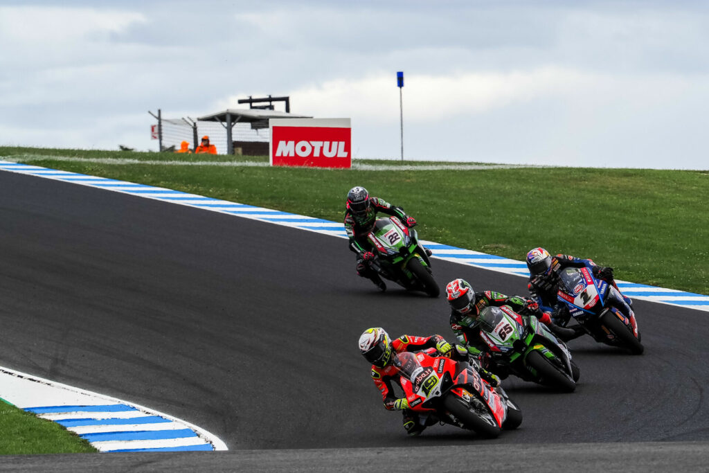 Alvaro Bautista (19) leads Jonathan Rea (65), Toprak Razgatlioglu (1), and Alex Lowes (22) in Race Two. Photo courtesy Dorna.