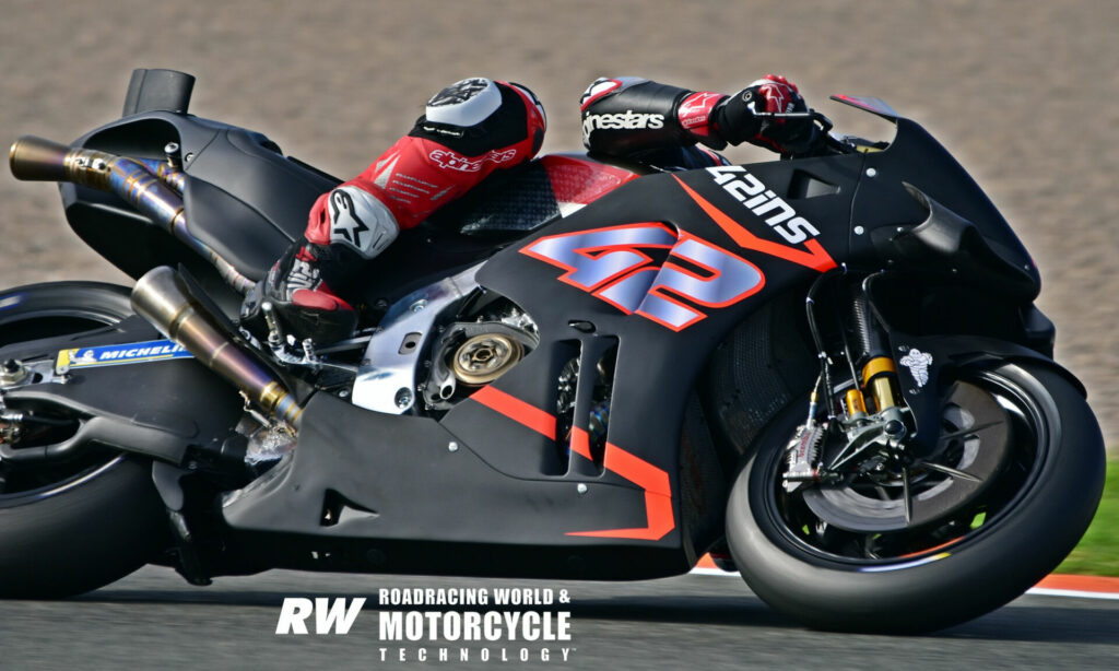 LCR Honda's Alex Rins (42) with tail stabilization fins, new triple-element front wing and no ground effects ducting at bottom of fairing. Photo by Michael Gougis.