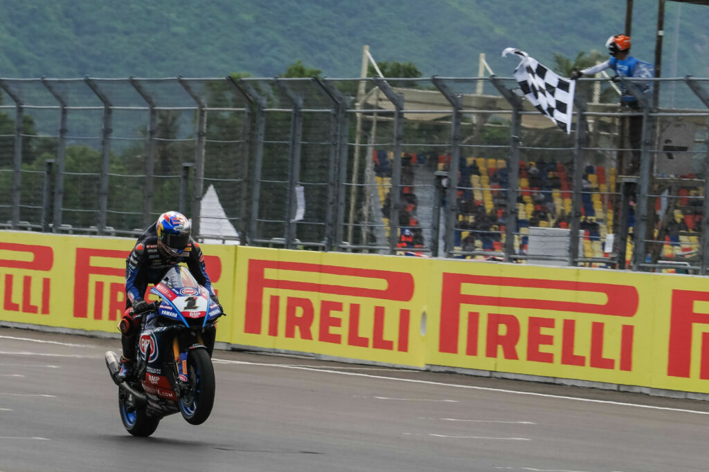 Toprak Razgatlioglu (1) won World Superbike Race One. Photo courtesy Dorna.