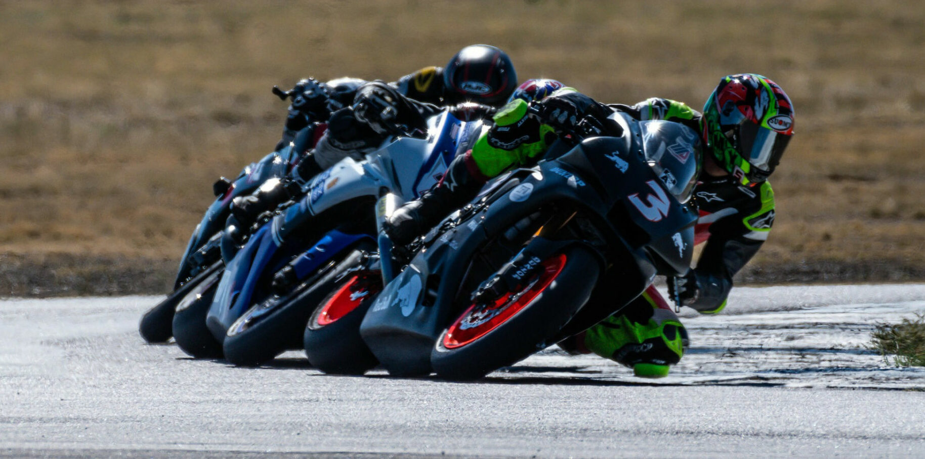 James Wilkerson (3) leads Mike Applegate (79) and Ray Thornton (1) during the final round of the 2022 season, at High Plains Raceway. Photo by Kelly Vernell, courtesy MRA.