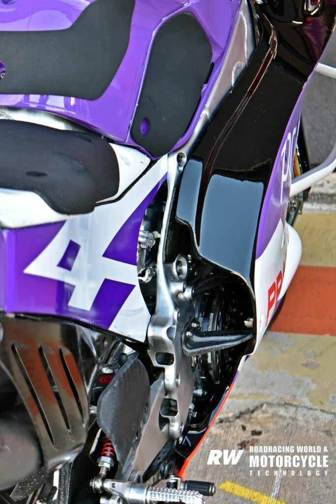 Ducati has been using Johann Zarco as an in-race tester for its Desmosedici, and the Frenchman reportedly has been using a different chassis than the other Ducati riders since mid-season. Note how thin the cross-section of the lower part of the spar is on Zarco's Pramac machine. Photo by Michael Gougis.