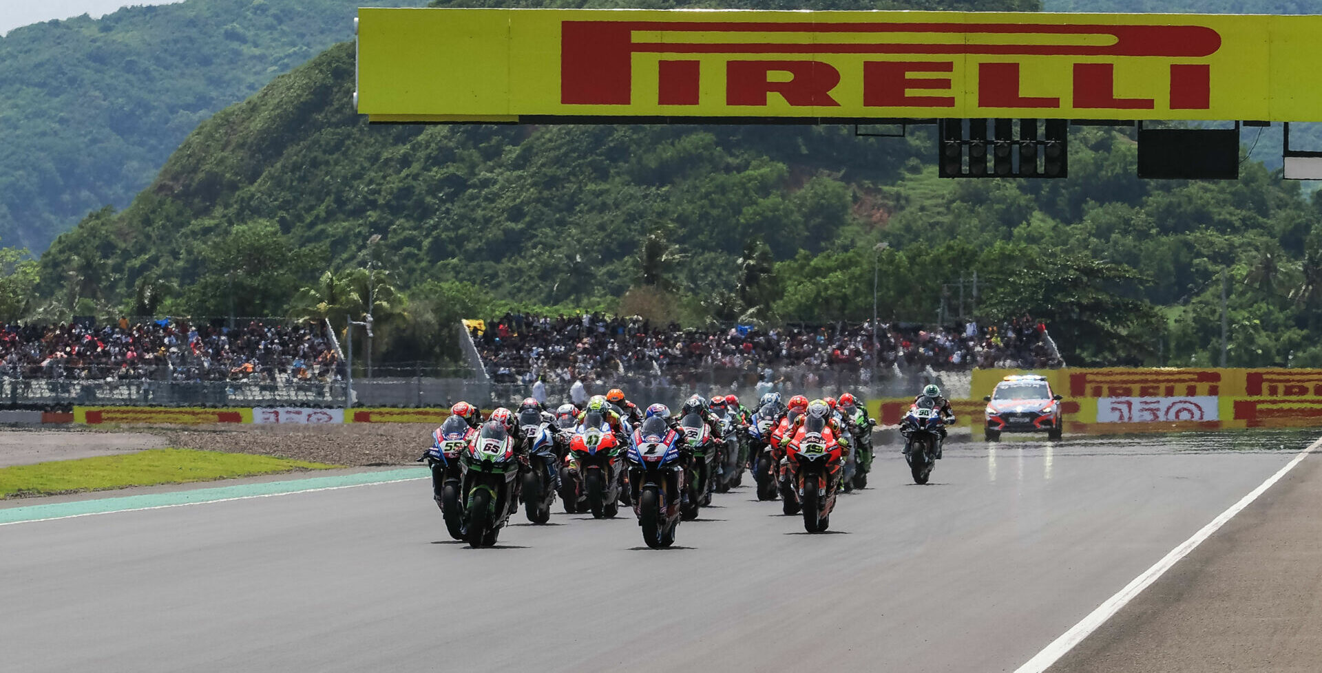 The start of World Superbike Race Three at Mandalika International Street Circuit. Photo courtesy Dorna.