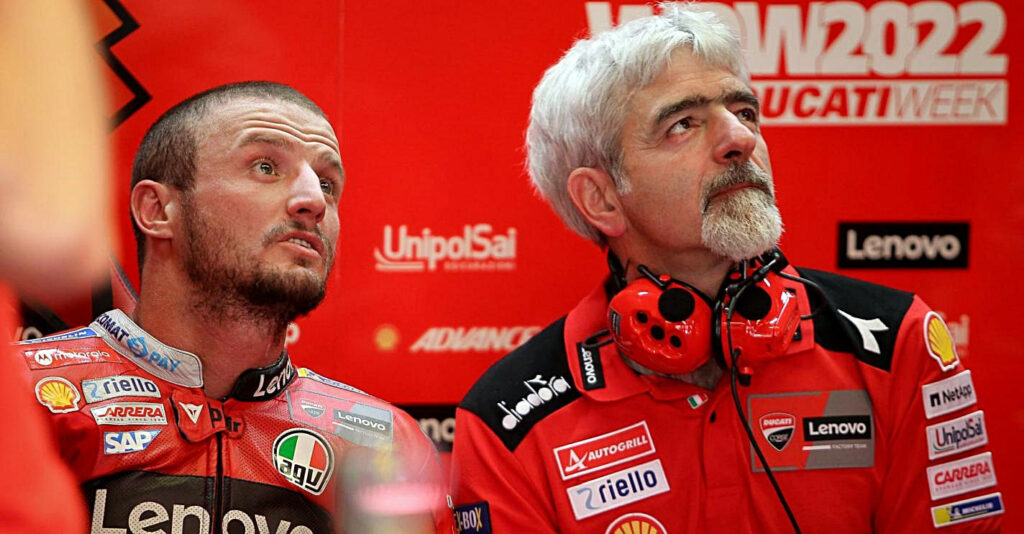 Luigi "Gigi" Dall'Igna (right) with factory Ducati MotoGP racer Jack Miller (left). Photo courtesy Dorna.