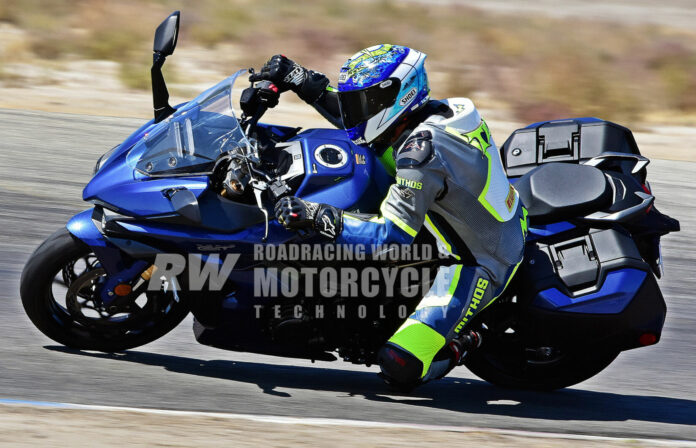 Racer Jeremy Toye and the Suzuki GSX-S1000GT+ on track at Buttonwillow Raceway Park. Photo by Michael Gougis.