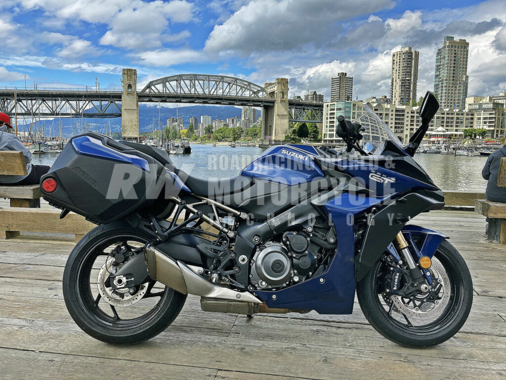 The GSX-S1000GT+ about 1,200 miles north, overlooking False Creek on Canada's Granville Island with Vancouver in the background. Photo by Michael Gougis