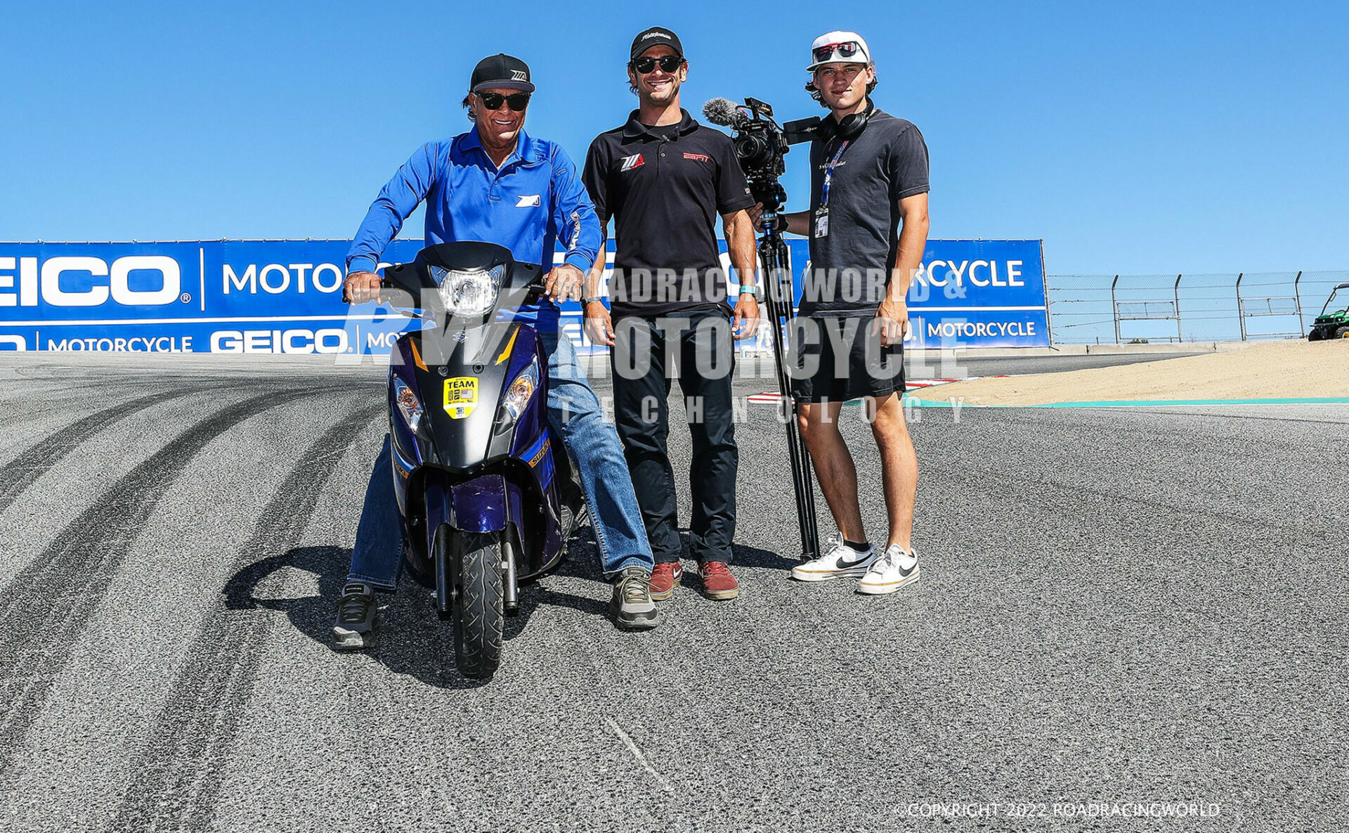 From left, first and second-generation racers Roberto and Robertino Pietri, with videographer Collin Schultz (brother of MotoAmerica racer Hayden Schultz), in the Laguna Seca Corkscrew. Photo by Brian J. Nelson.