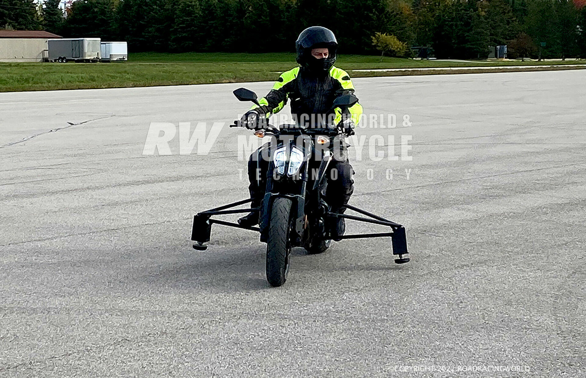 Continental Engineering Services (CES) Senior Test Engineer Nick Uselmann is a licensed WERA Expert racer. The bike seen here is fitted with rigid outriggers for use during straight-line brake testing.