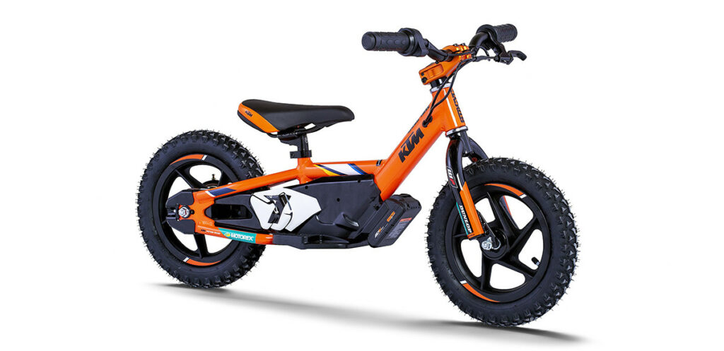 A Stacyc 12e Drive electric balance bike with KTM logos. Photo courtesy KTM North America.