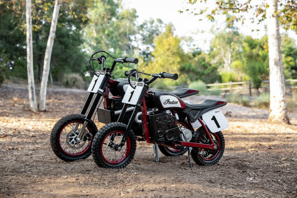 An Indian eFTR Mini in front of the larger Indian eFTR Jr. Both are twist-grip electric motorcycles. Photo courtesy Indian Motorcycle.