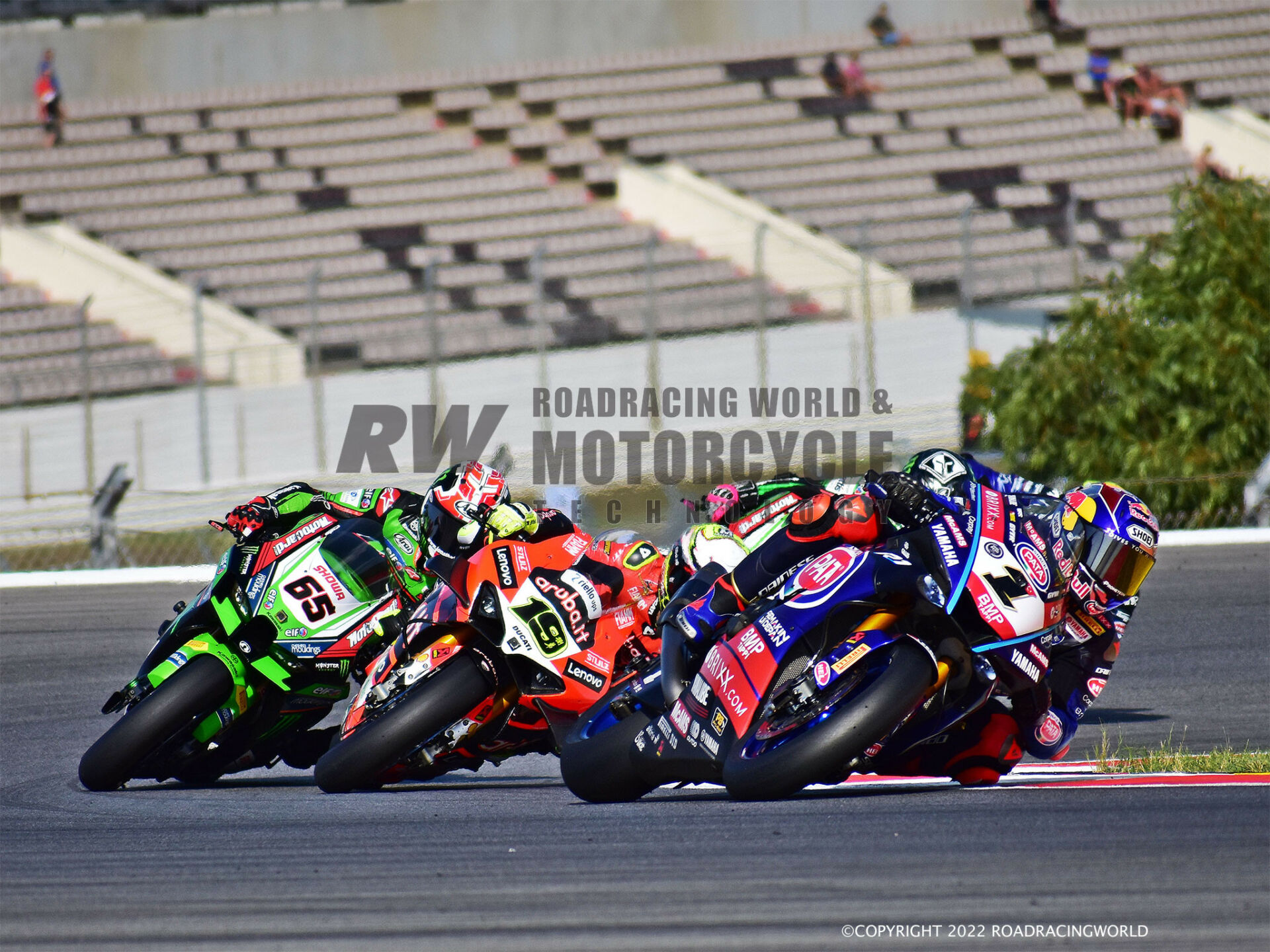 2021 Superbike World Champion Toprak Razgatlioglu (1) is on a crossplane-crank Yamaha YZF-R1. 2022 Champion Alvaro Bautista (19) rides a V-4 Ducati Panigale. Six-time World Champion Jonathan Rea (65) rides a traditional Inline-Four Kawasaki ZX-10RR. Pirelli has to build tires that work equally well for all three different types of motorcycle. Pirelli sells the same tires to club racers and track day riders. Photo by Michael Gougis.