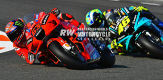 Francesco "Pecco" Bagnaia (63) leads mentor Valentino Rossi (46) at Valencia, 2021. Photo courtesy Michelin.