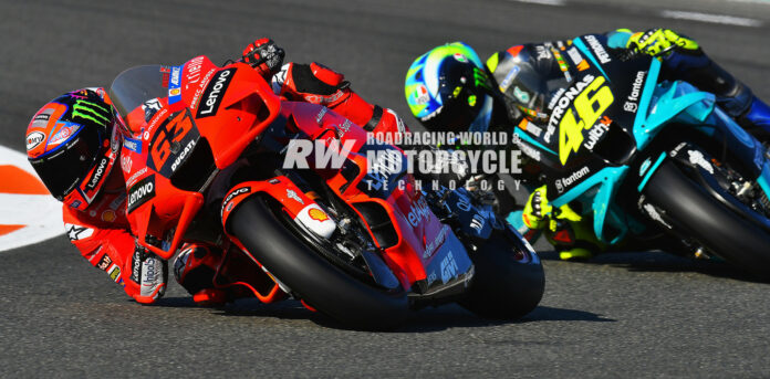 Francesco "Pecco" Bagnaia (63) leads mentor Valentino Rossi (46) at Valencia, 2021. Photo courtesy Michelin.