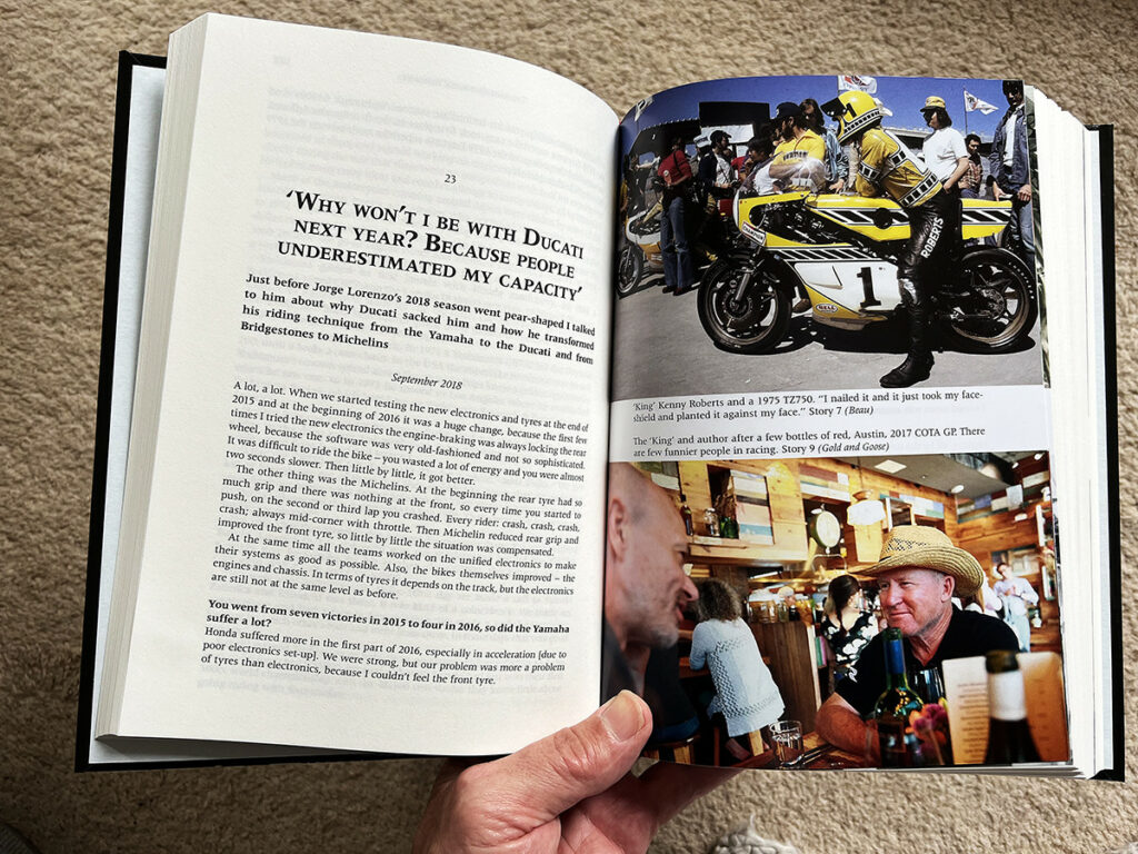 WINNERS SINNERS GRINNERS contains 80 stories involving the biggest names in motorcycle road racing. Photo courtesy Mat Oxley.