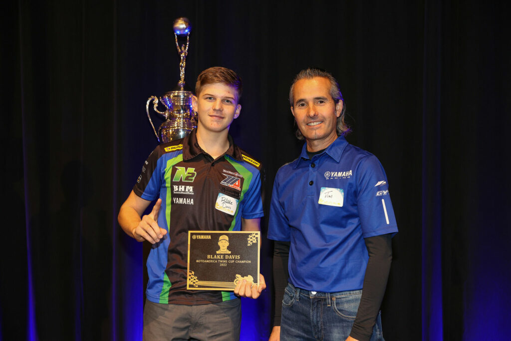 2022 MotoAmerica Twins Cup Champion Blake Davis (left) with Yamaha Racing Department Manager Jim Roach (right). Photo courtesy Yamaha Motor Corp., U.S.A.