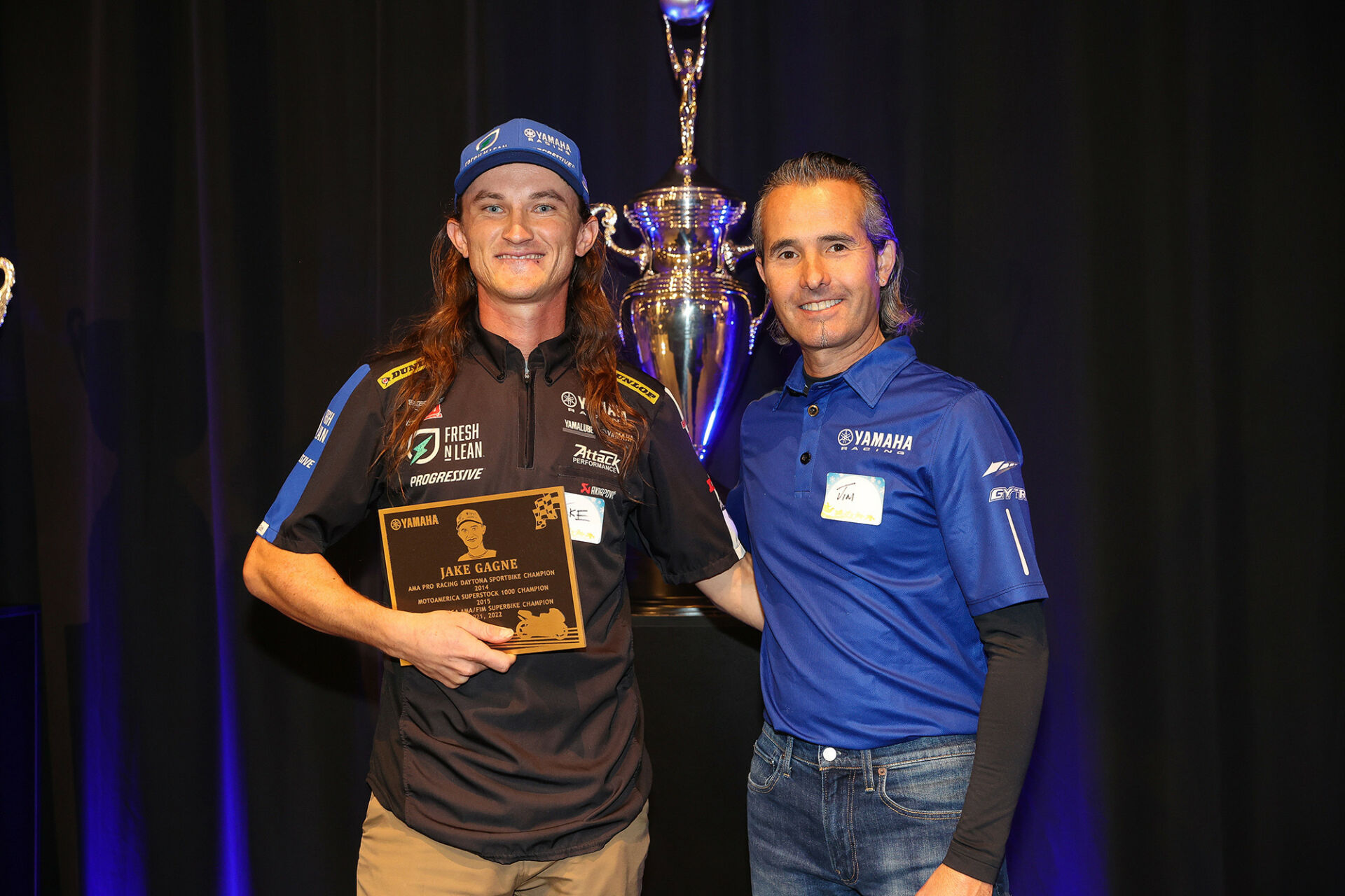 2022 MotoAmerica Superbike Champion Jake Gagne (left) with Yamaha Racing Department Manager Jim Roach (right). Photo courtesy Yamaha Motor Corp., U.S.A.