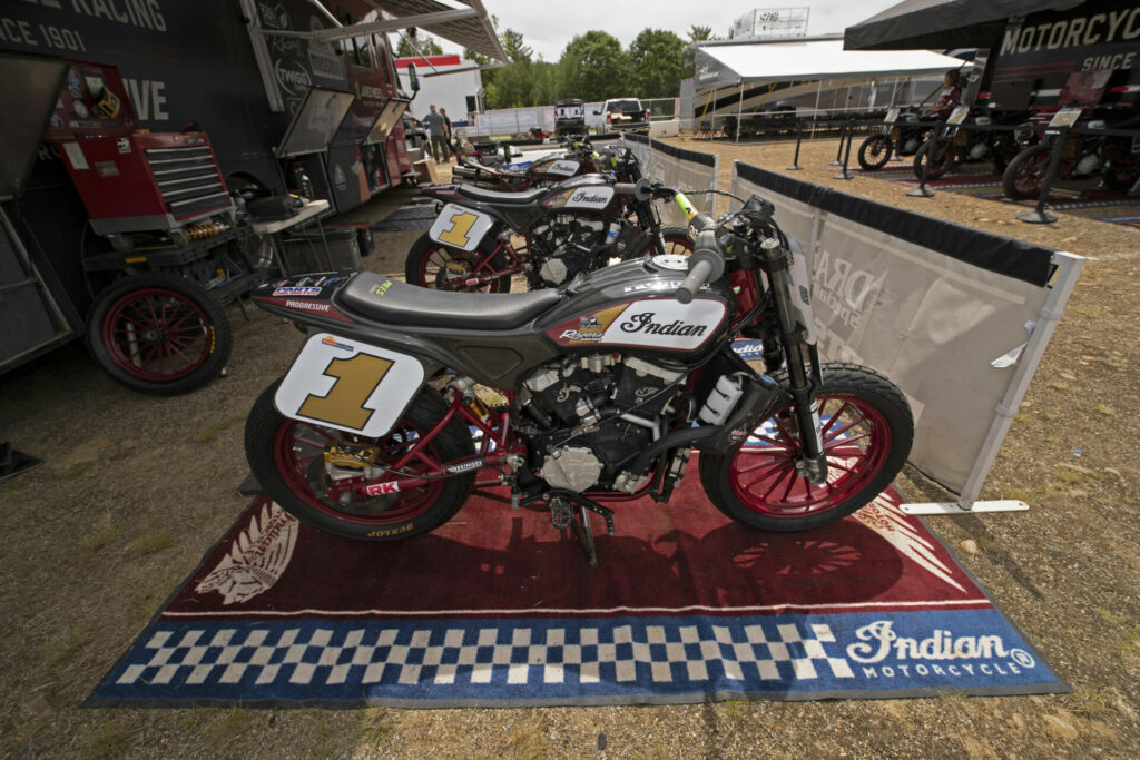 The factory Progressive Insurance Indian FTR750s of defending AFT SuperTwins Champion Jared Mees in the pits. Photo by John Owens.