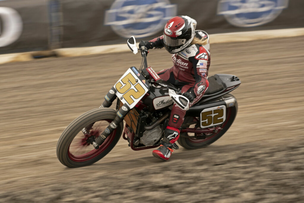 Shayna Texter-Bauman (52) at speed on her factory Indian FTR750. She is married to her teammate Briar Bauman and sister to 2021 AFT Production Twins Champion Cory Texter. Photo by John Owens.
