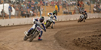 JD Beach (95) leads Estenson Racing Yamaha teammate Dallas Daniels (32) and Mission Foods/Roof Systems Indian's Brandon Robinson (44) at the Laconia Short Track. Beach won the AFT SuperTwins main event over Daniels, while Jarod Vanderkooi (not pictured), Robinson's teammate, finished third. Photo by John Owens.