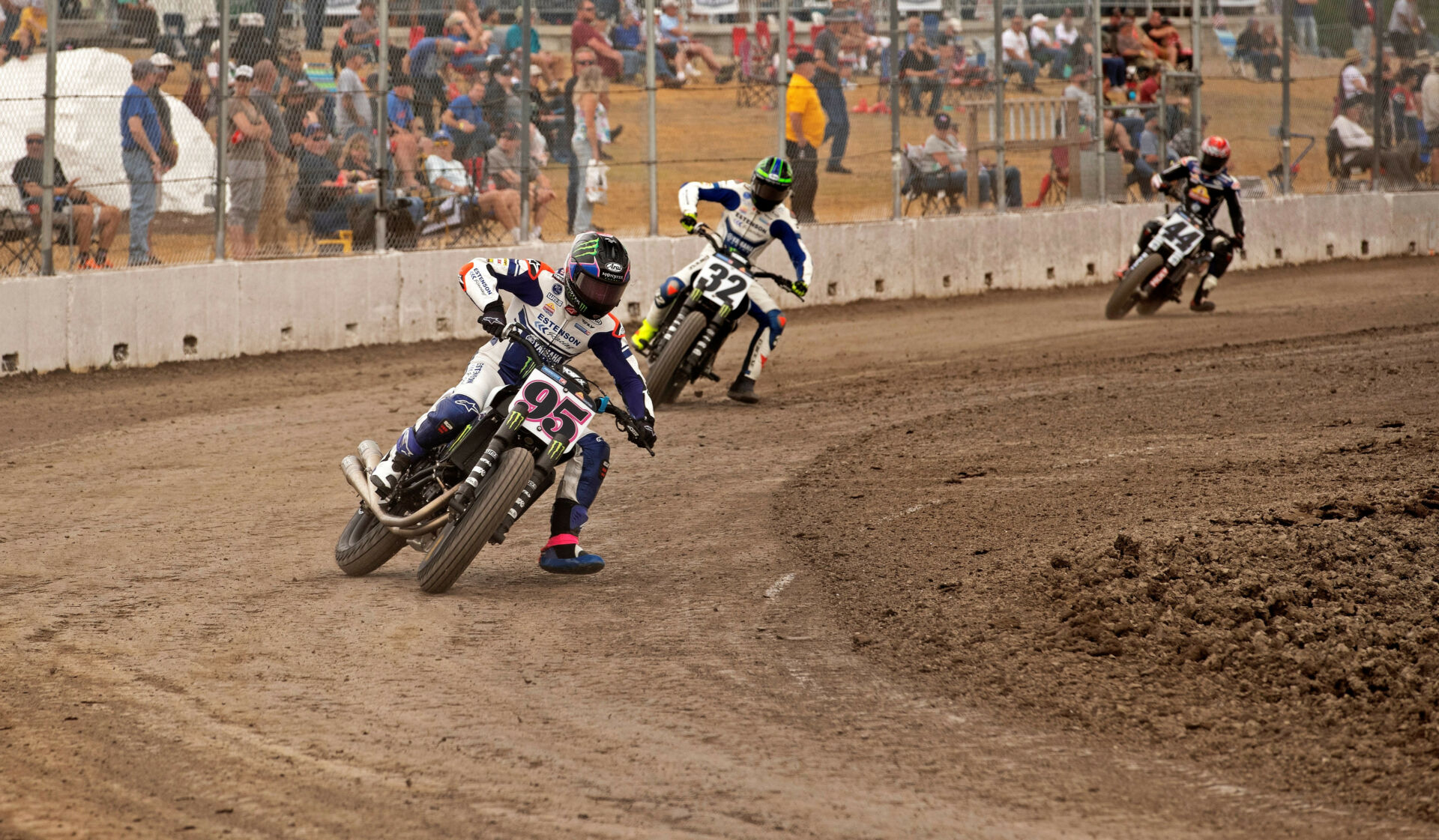 JD Beach (95) leads Estenson Racing Yamaha teammate Dallas Daniels (32) and Mission Foods/Roof Systems Indian's Brandon Robinson (44) at the Laconia Short Track. Beach won the AFT SuperTwins main event over Daniels, while Jarod Vanderkooi (not pictured), Robinson's teammate, finished third. Photo by John Owens.