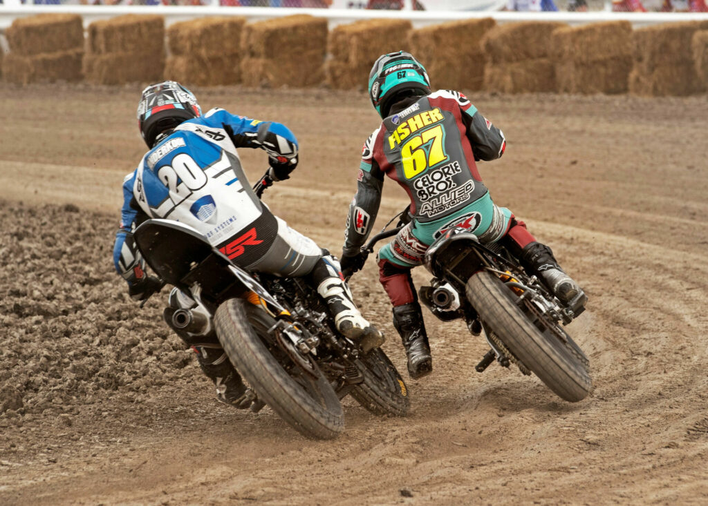 Jarod Vanderkooi (20) and Davis Fisher (67) are both seen riding Indian FTR750s on the rough surface at New Hampshire Motor Speedway. Photo by John Owens.