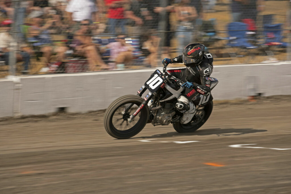 Johnny Lewis (10) at speed on his Moto Anatomy X Powered by Royal Enfield AFT Production Twins racebike. Photo by John Owens.