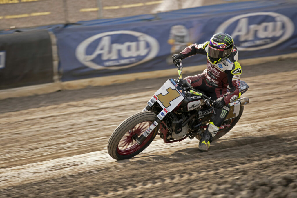 The next three photos allow some observations to be made on the sizes and seating positions of different motorcycles in AFT. This is Jared Mees (1) on his Indian FTR750. Photo by John Owens.