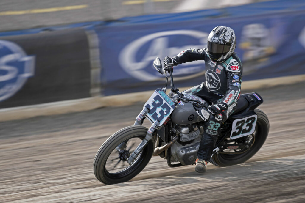 Jaycee Jones (33) on her Royal Enfield INT650 flat track bike, which is very closely based on the streetbike. Jones won the Royal Enfield Build. Train. Race. (BTR) race at Laconia and the 2022 Championship. Photo by John Owens.