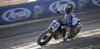 Sammy Halbert (69) on his Mission Foods/Roof Systems Indian FTR750. Photo by John Owens.
