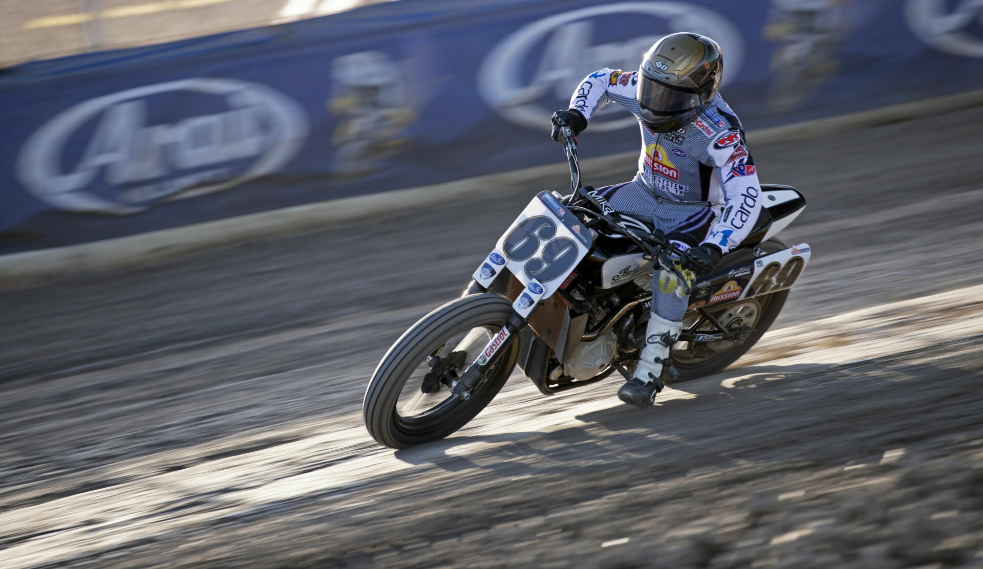 Sammy Halbert (69) on his Mission Foods/Roof Systems Indian FTR750. Photo by John Owens.