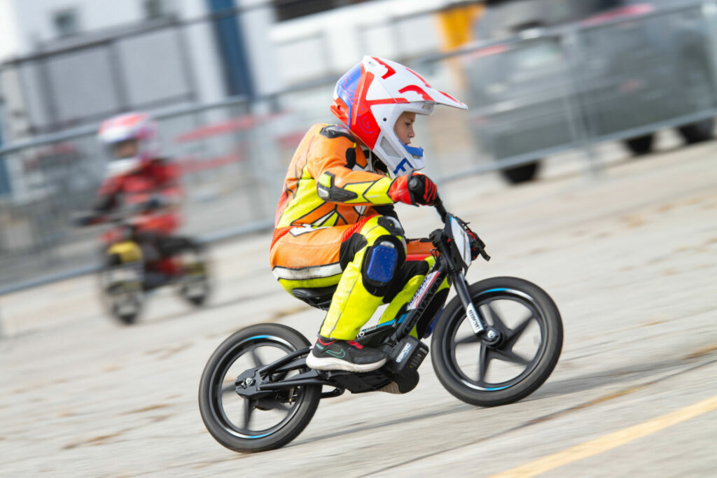A rider wearing their own leathers at speed on a StaCyc electric balance bike. Photo by Sam Draiss, courtesy NEMRR.
