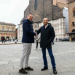 The Mayor of Bologna Matteo Lepore (left) and Ducati CEO Claudio Domenicali (right) in the Piazza Maggiore in Bologna, Italy. Photo courtesy Ducati.
