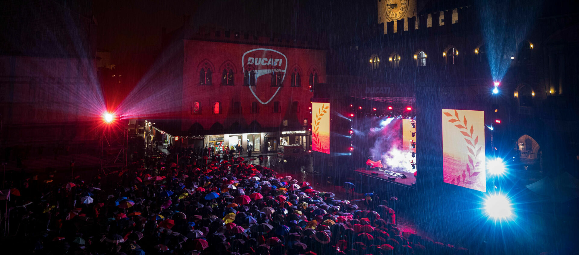 Fans gathered on a cold and sometimes rainy evening in the Piazza Maggiore in Bologna, Italy, to celebrate Ducati's two World Championships in 2022. Photo courtesy Ducati.