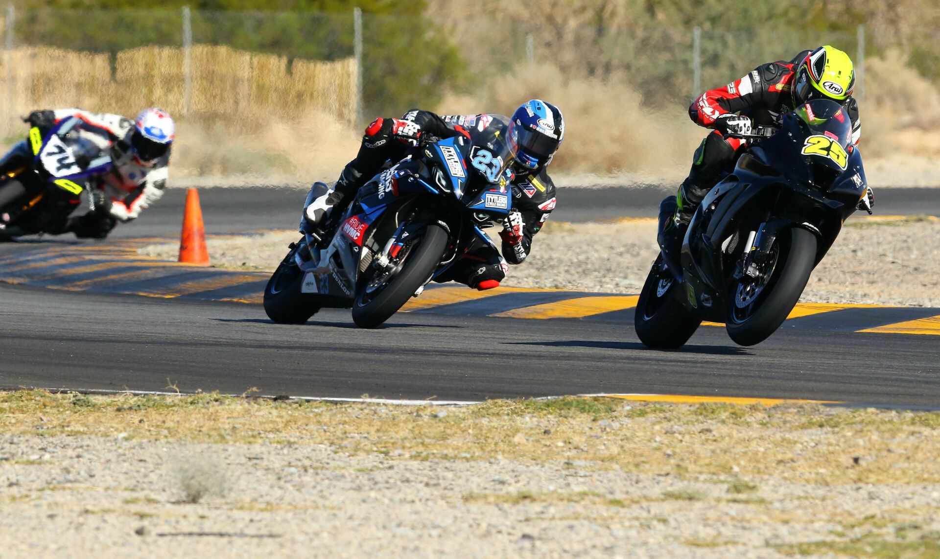 David Anthony (25) leads Corey Alexander (23) and Bryce Prince (74) during the CVMA Stock 1000 Shootout at Chuckwalla Valley Raceway. Photo by CaliPhotography.com, courtesy CVMA.