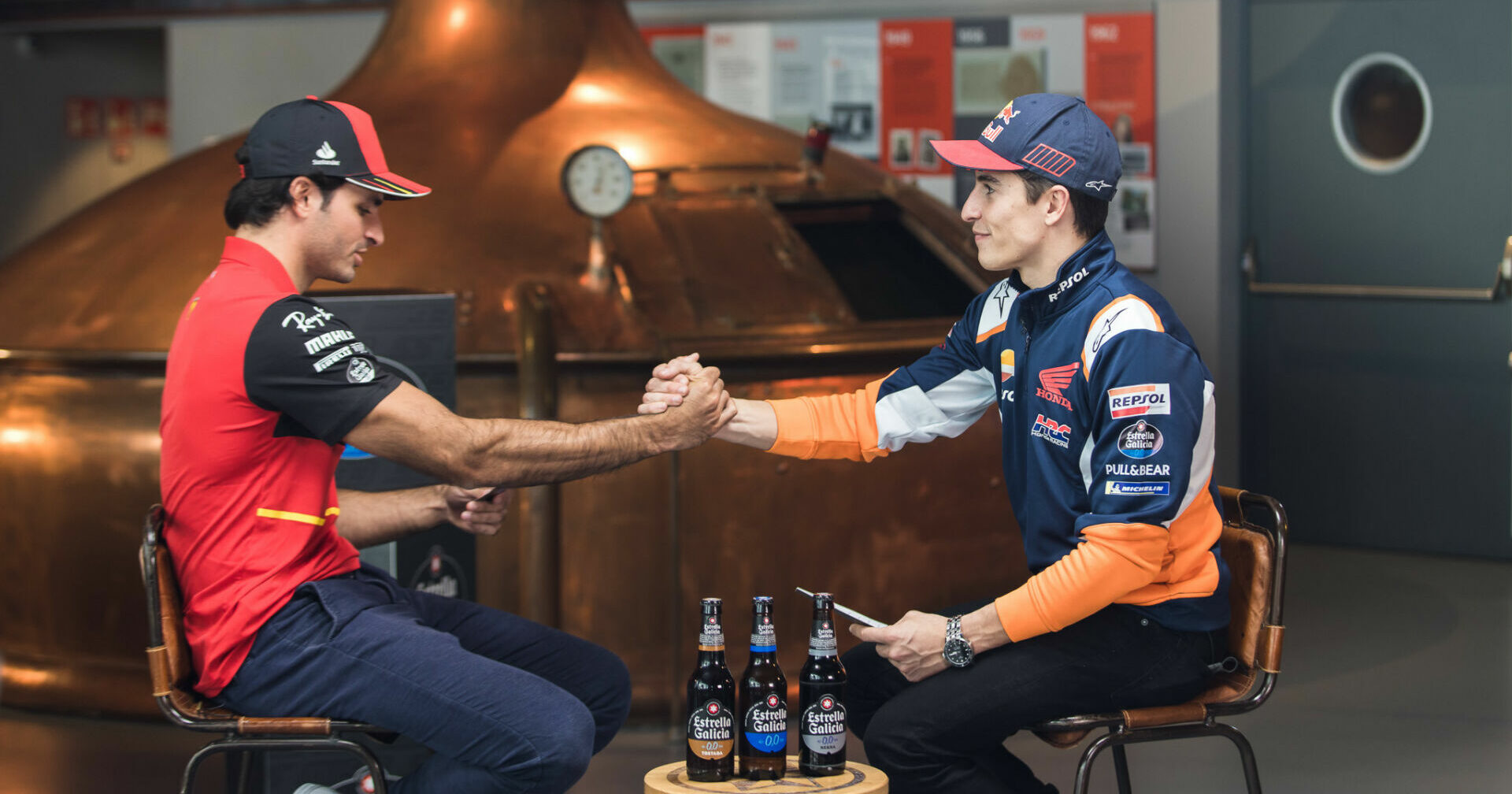 Formula One driver Carlos Sainz (left) and six-time MotoGP World Champion Marc Marquez (right) at MEGA, the museum of Estrella Galicia 0,0. Photo courtesy Estrella Galicia 0,0.