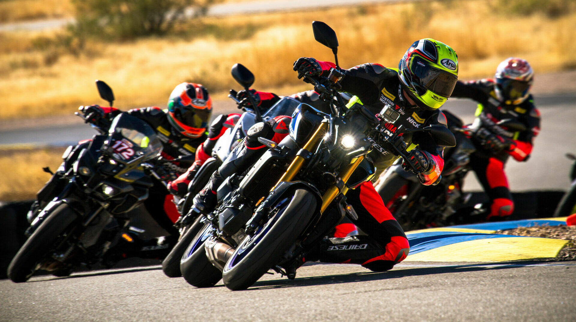 Yamaha Champions Riding School/ChampU Chief Instructor and CEO Nick Ienatsch leads fellow instructors Chris Peris, Eziah Davis, Cody Wyman, and Michael Henao through Turn Five at Inde Motorsports Ranch in Willcox, Arizona. Photo by Joe Salas/4theriders.com.