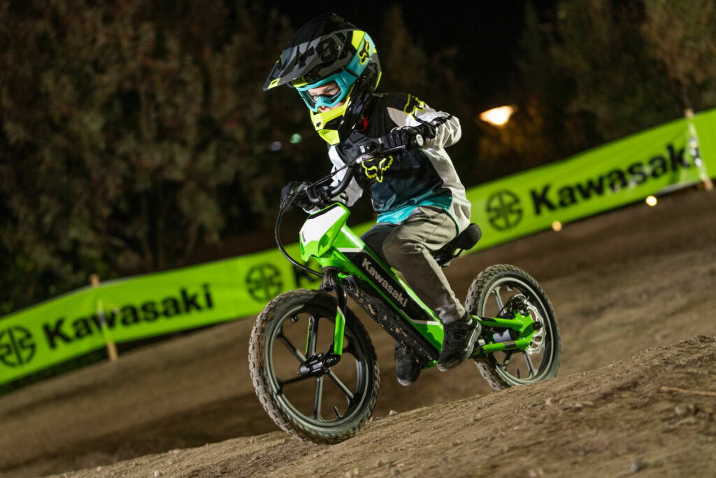 Max Zeidman, age eight, riding the new Kawasaki Elektrode electric balance bike on a dirt course at Fox Racing's headquarters in Southern California. Photo courtesy Kawasaki.