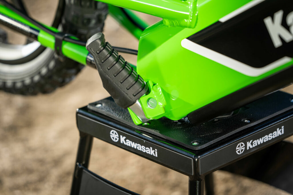 The footpegs on the Kawasaki Elektrode fold up to allow it to be used as a kid-powered balance bike. Photo courtesy Kawasaki.