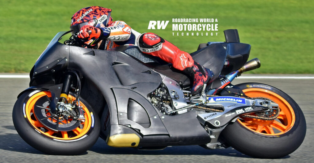 Marc Marquez tested new aero packages and swingarms on his Repsol Honda RC213V. Photo by Michael Gougis. 