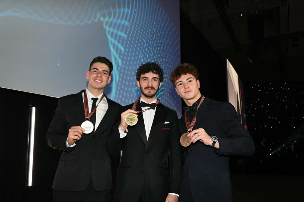 (From left) Moto2 World Champion Augusto Fernandez, MotoGP World Champion Francesco Bagnaia, and Moto3 World Champion Izan Guevara. Photo by Goodshoot, courtesy Dorna.