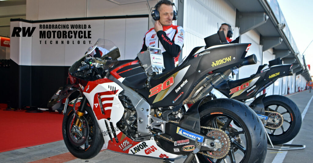Yet a third configuration for the Honda RC213V at Valencia, this one for LCR Honda rider Takaaki Nakagami. The chassis looks the same as the one on Marquez' machine, as are the front wings and it has the tail stabilizers, but the swingarm is different and it lacks the ducting at the fairing lower leading edge. Photo by Michael Gougis.