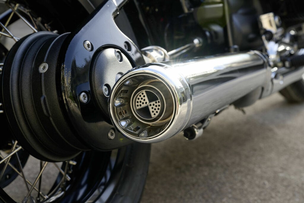 The 2023 BMW R 18 100 Years Edition has many special details, like the exhaust end cap made to resemble the BMW logo. Photo courtesy BMW Motorrad.