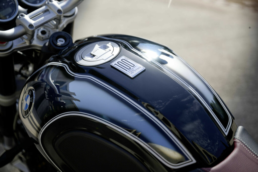 The chrome-on-paint details are a big part of the 2023 R nineT 100 Years Edition. Photo courtesy BMW Motorrad.