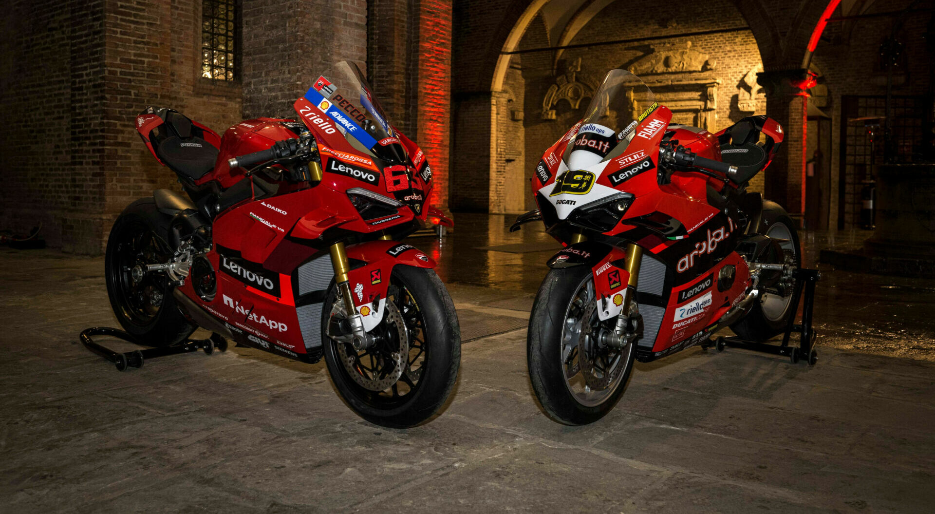 Ducati's Francesco Bagnaia (63) and Alvaro Bautista (19) Panigale V4 2022 World Champion Replicas. Photo courtesy Ducati.