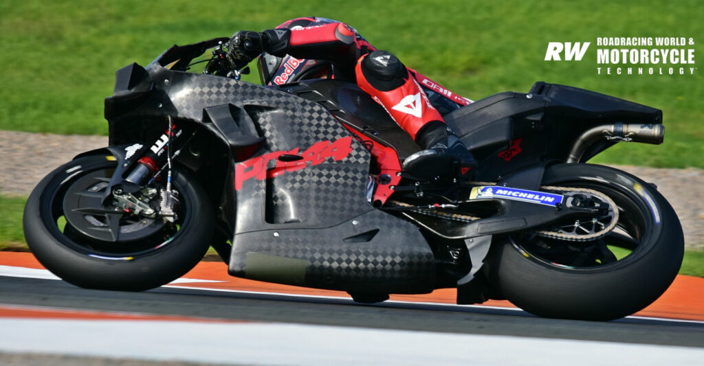 Pol Espargaro at speed on a GASGAS-branded KTM MotoGP prototype. Photo by Michael Gougis. 